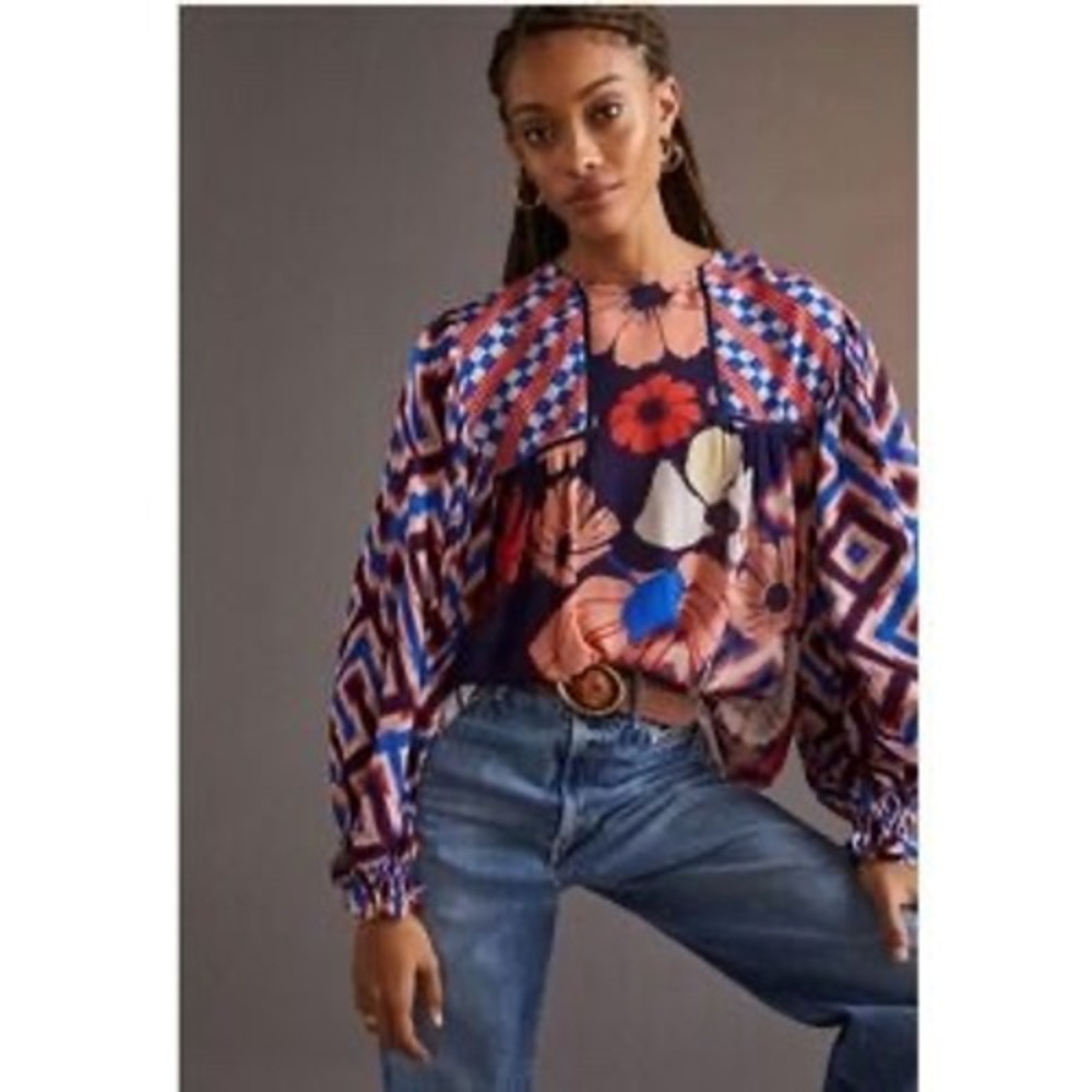 Bl^nk London Miranda Peasant Blouse Red Blue Geometric Floral Womens Medium